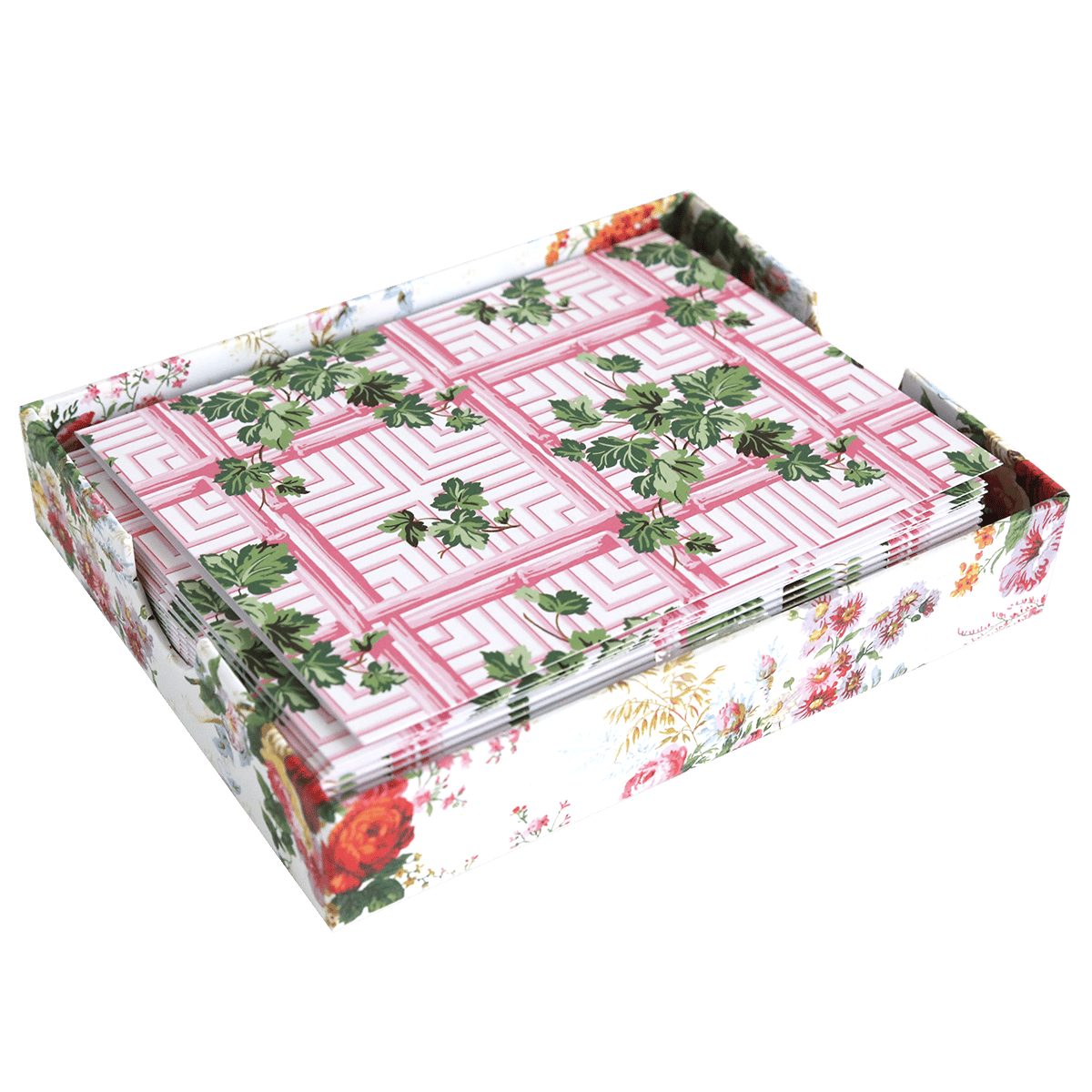 The Trellis Folded A2 Note Cards come in a box featuring a floral design. Each card has a pink geometric pattern with green leaves, making this set an ideal stationery gift.