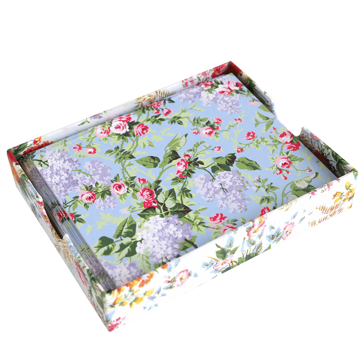 Lilacs Folded A2 Note Cards come in a decorative box featuring floral stationery with blue backgrounds and pink, purple, and green flowers—perfect for any occasion.