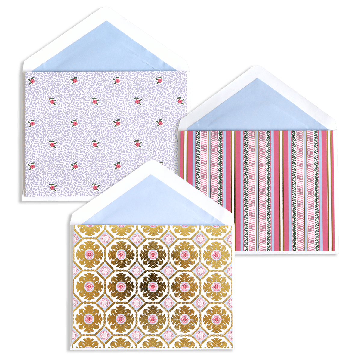 three envelopes with different designs on them.