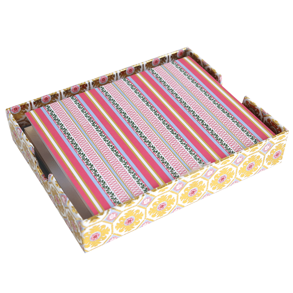 The Jaunty Stripe Folded A2 Note Cards come in a decorative box with a yellow and pink floral pattern, featuring colorful striped designs and foil accents on each stationery note card.