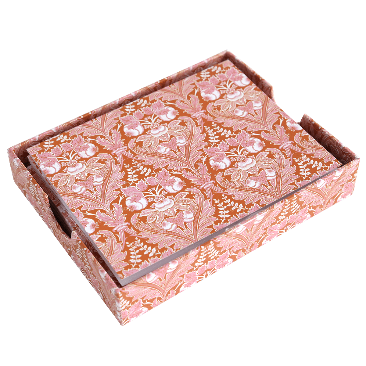 A rectangular box with lid, both in pink and white florals on brown, evokes timeless stationery—perfect for storing Damask Folded A2 Note Cards or blank card bases. Displayed elegantly on a white surface.