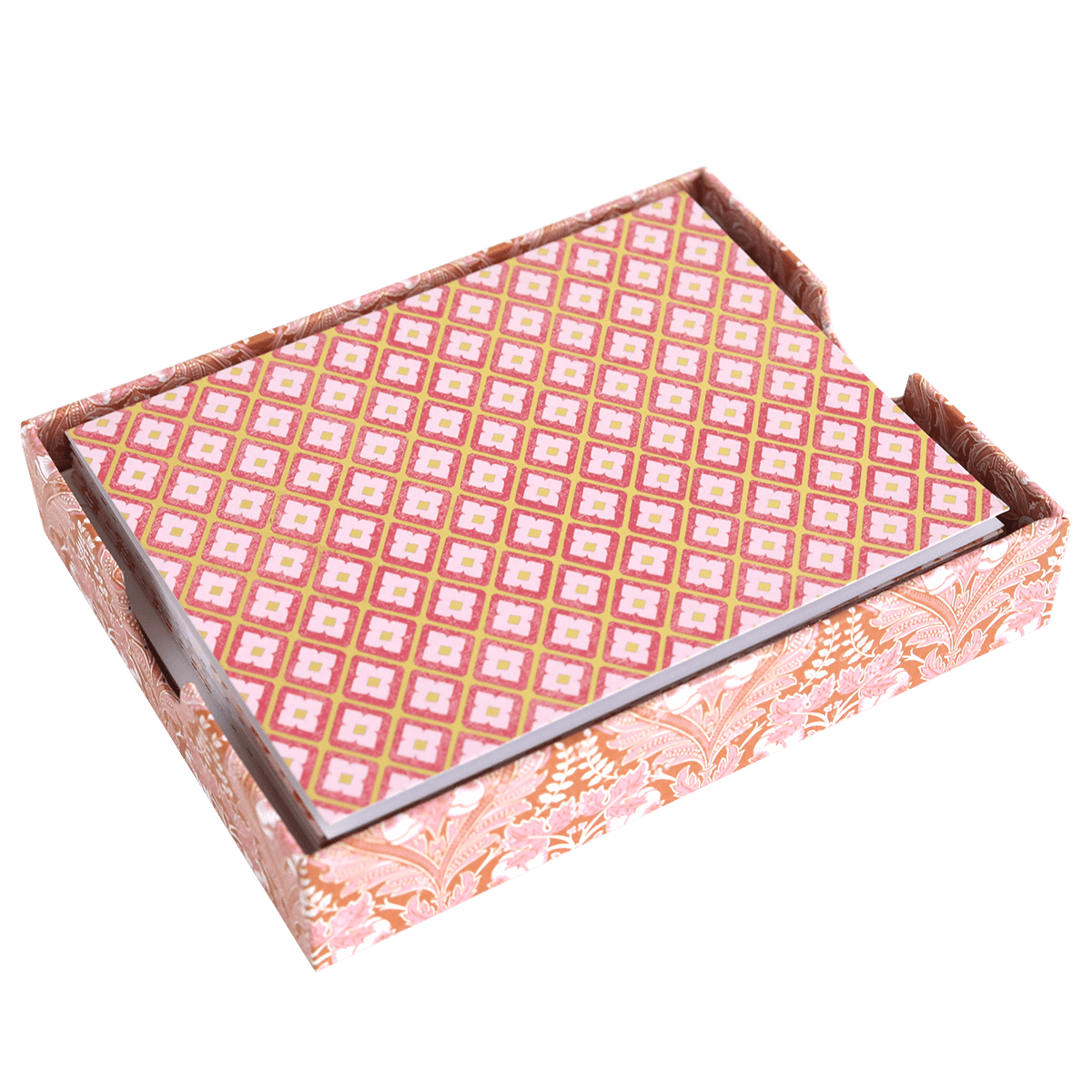 The Dot Harlequin Folded A2 Note Cards set features a patterned box and matching lid with pink, gold, and white geometric foil-accented note cards—an ideal cheerful stationery gift.