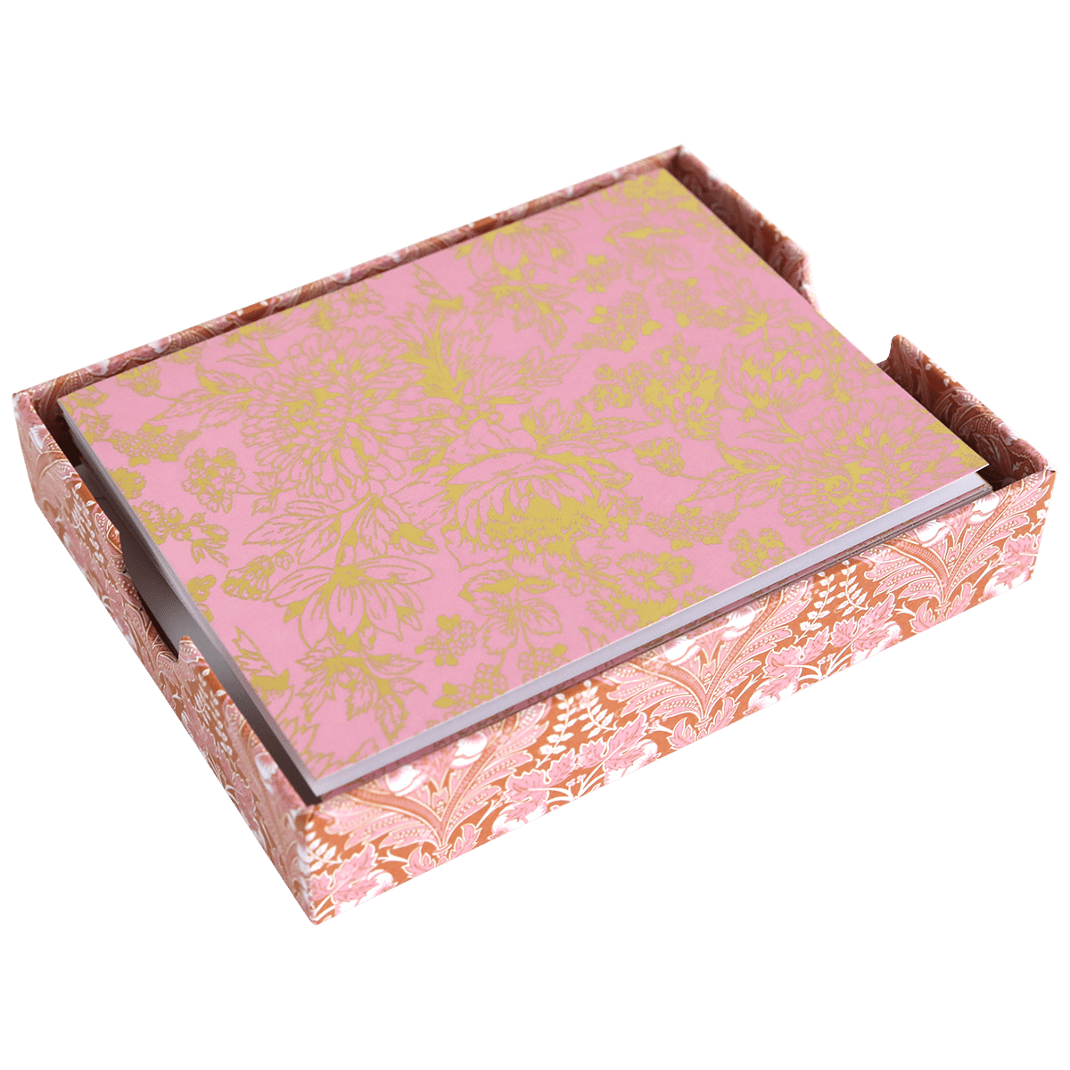 a pink and gold box with flowers on it.