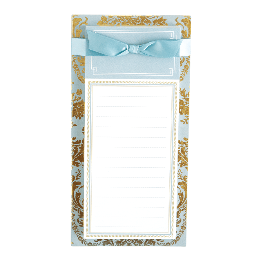 a card with a blue bow on top of it.