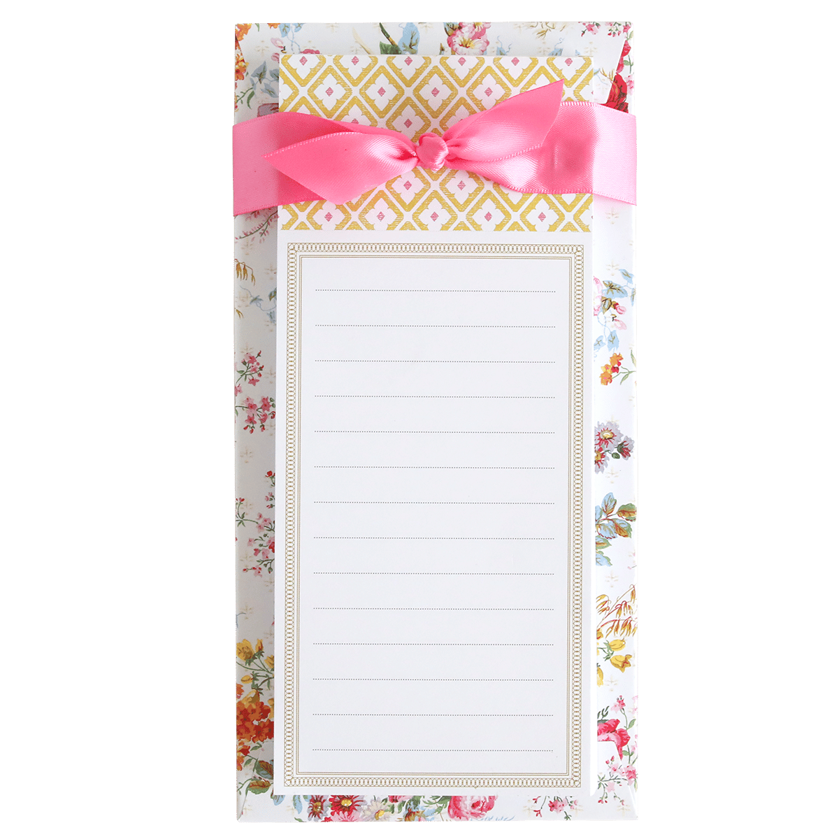 a notepad with a pink bow on top of it.