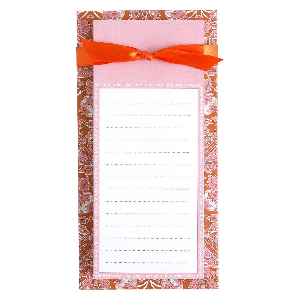 a notepad with a red bow on top of it.