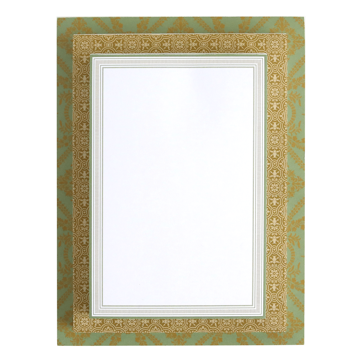 a picture frame with a gold and white border.