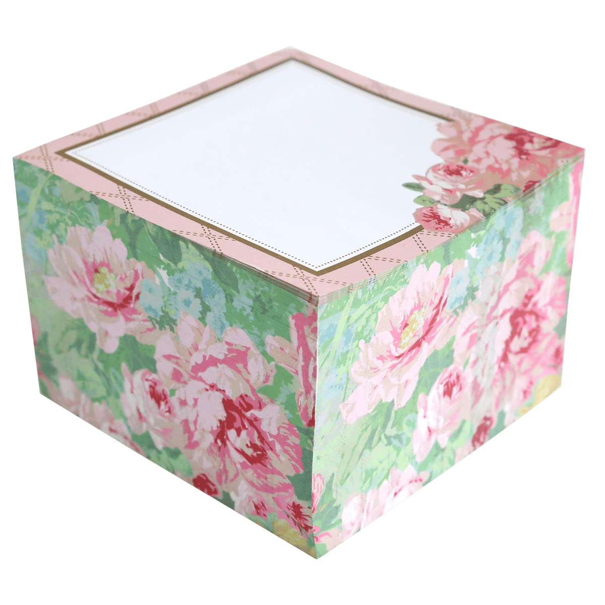 a pink and green flowered box with a white lid.