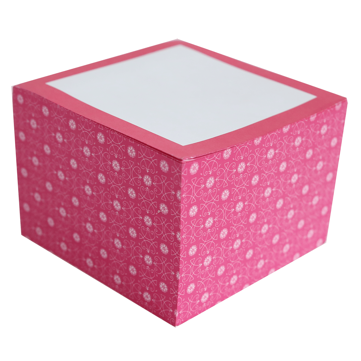 a pink box with white dots on it.