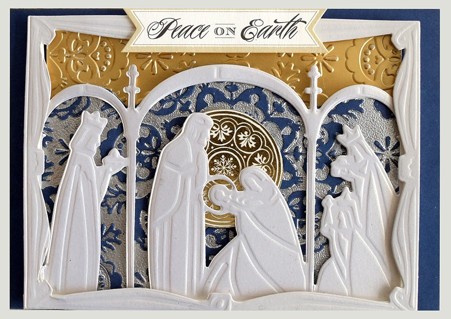 a close up of a card with a nativity scene.