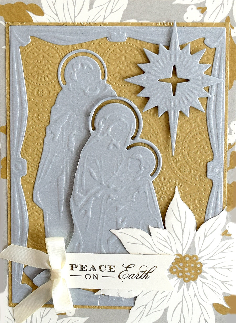a christmas card with a nativity scene on it.