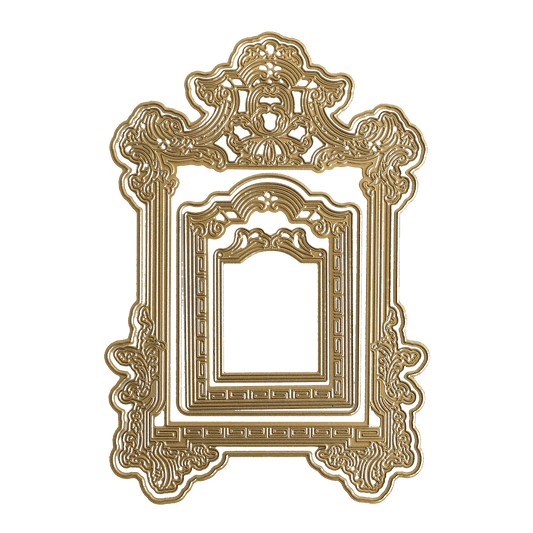 a gold frame with a green background.