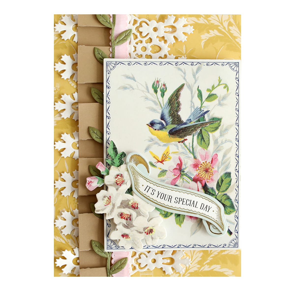 a card with a bird and flowers on it.