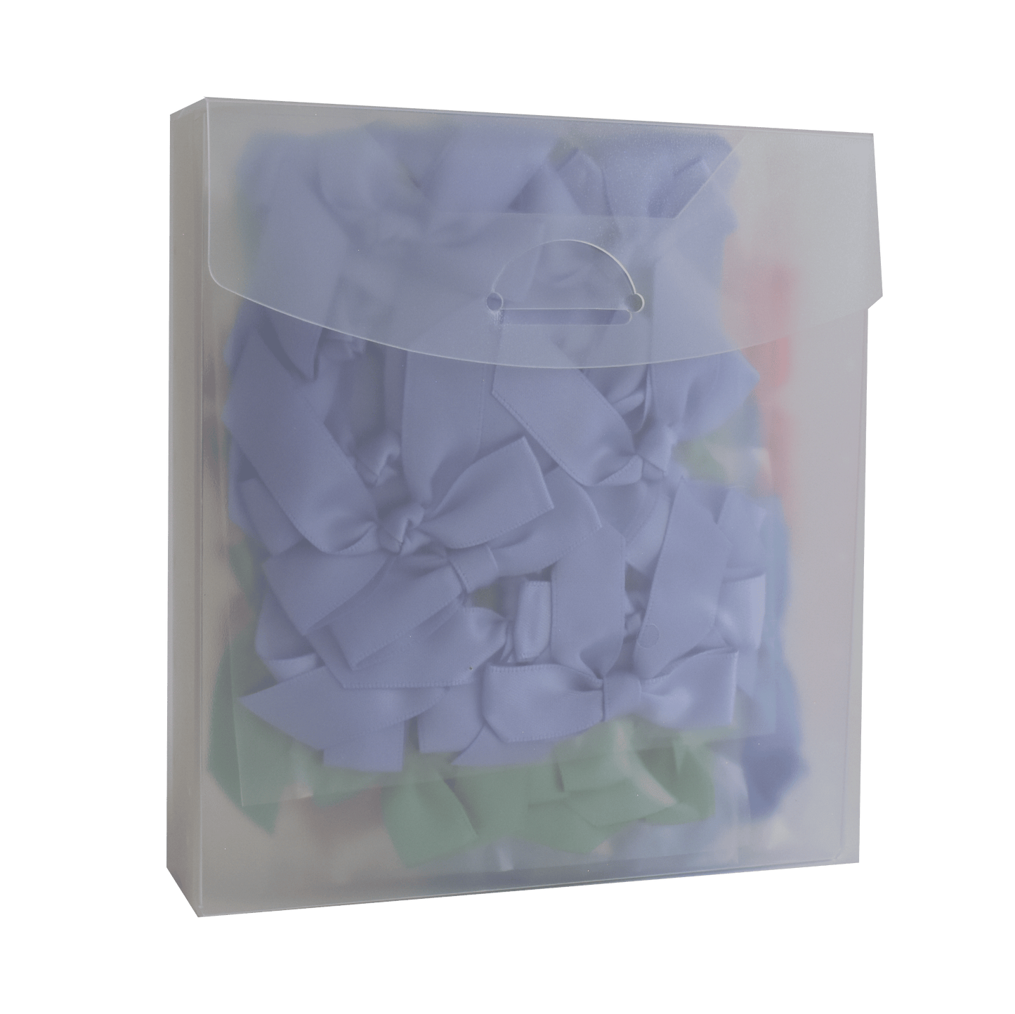 a plastic bag filled with purple and green bows.