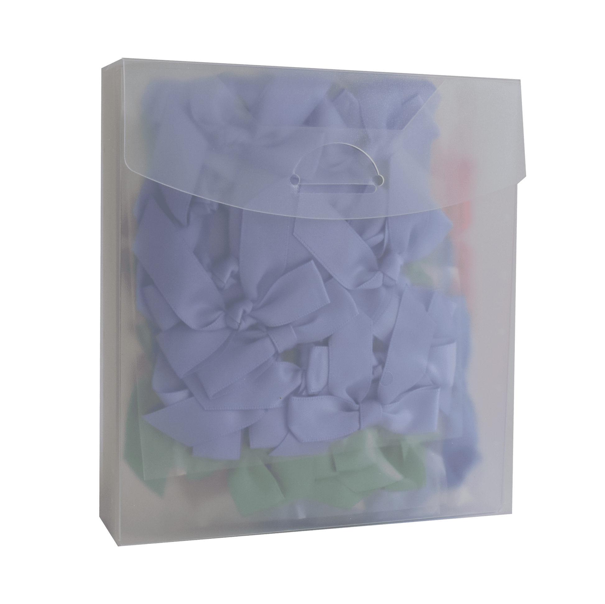 a plastic bag filled with purple and green bows.