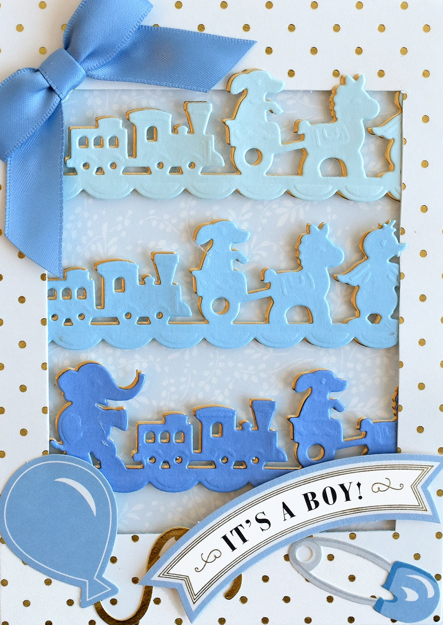 a blue and white card with a blue ribbon.