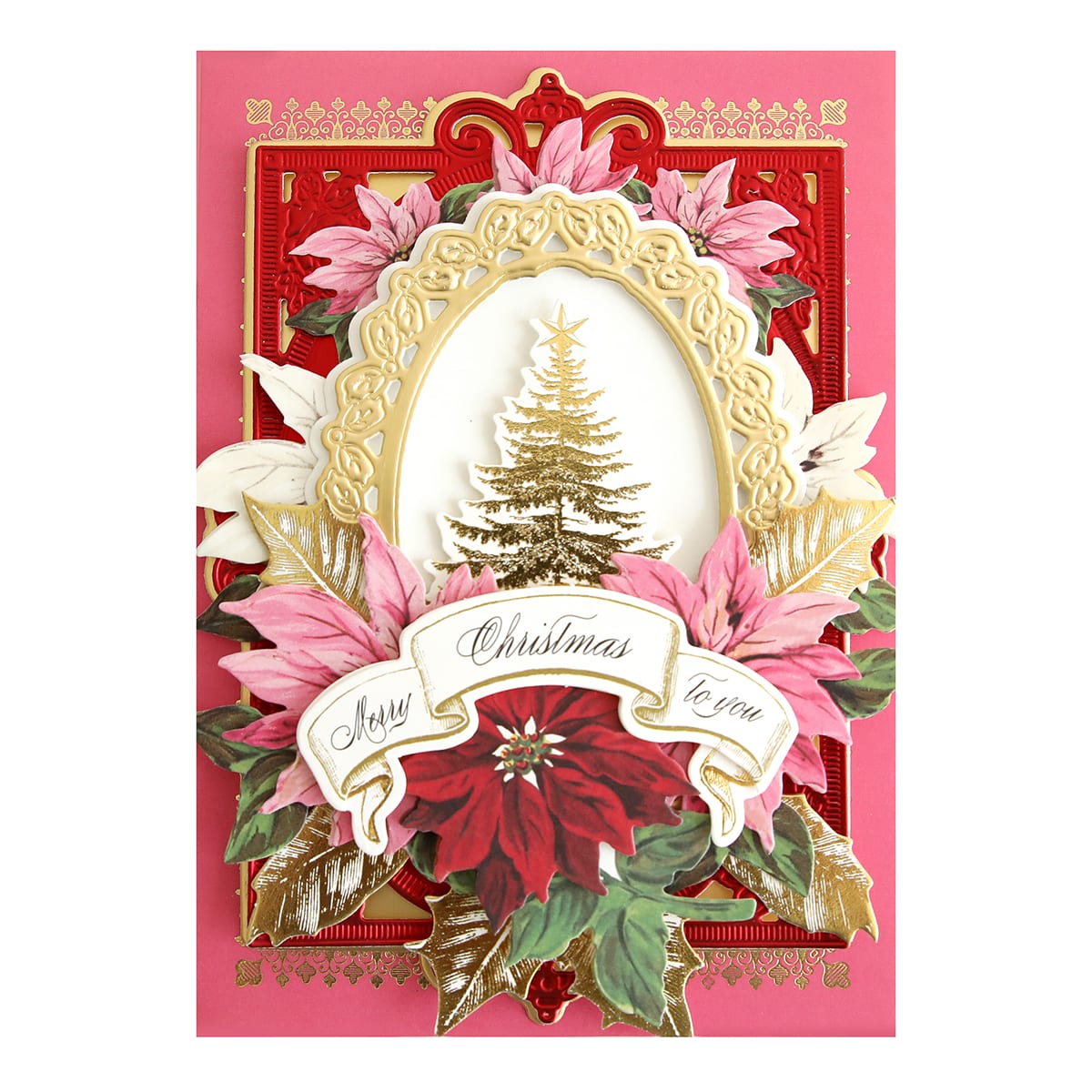 a christmas card with poinsettis and a christmas tree.