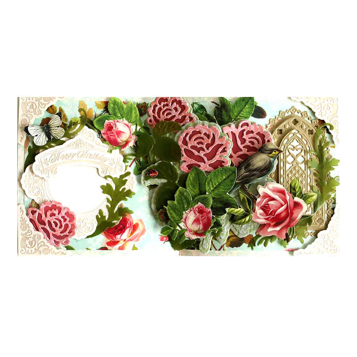 a card with flowers and a bird on it.