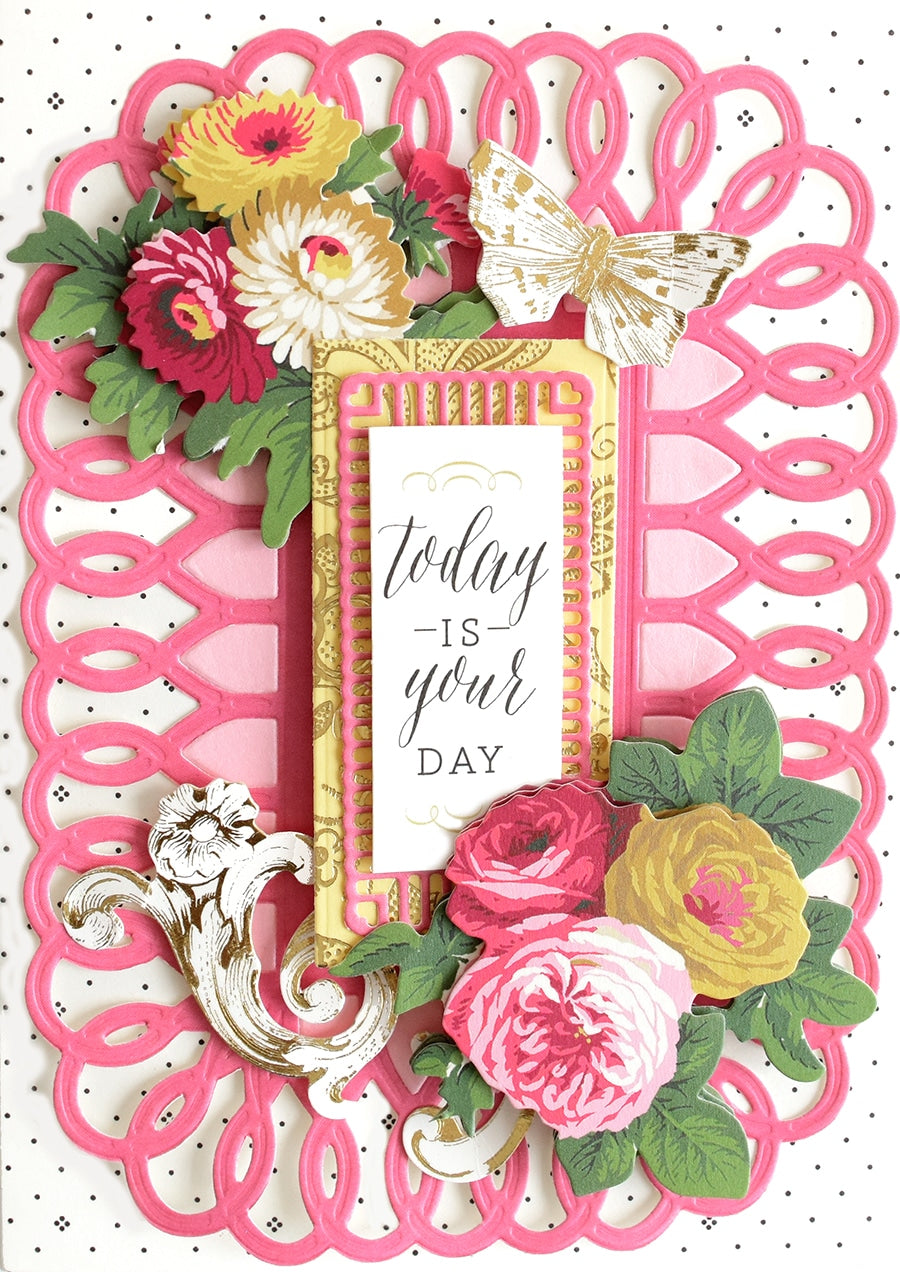 a card with a picture frame and flowers on it.