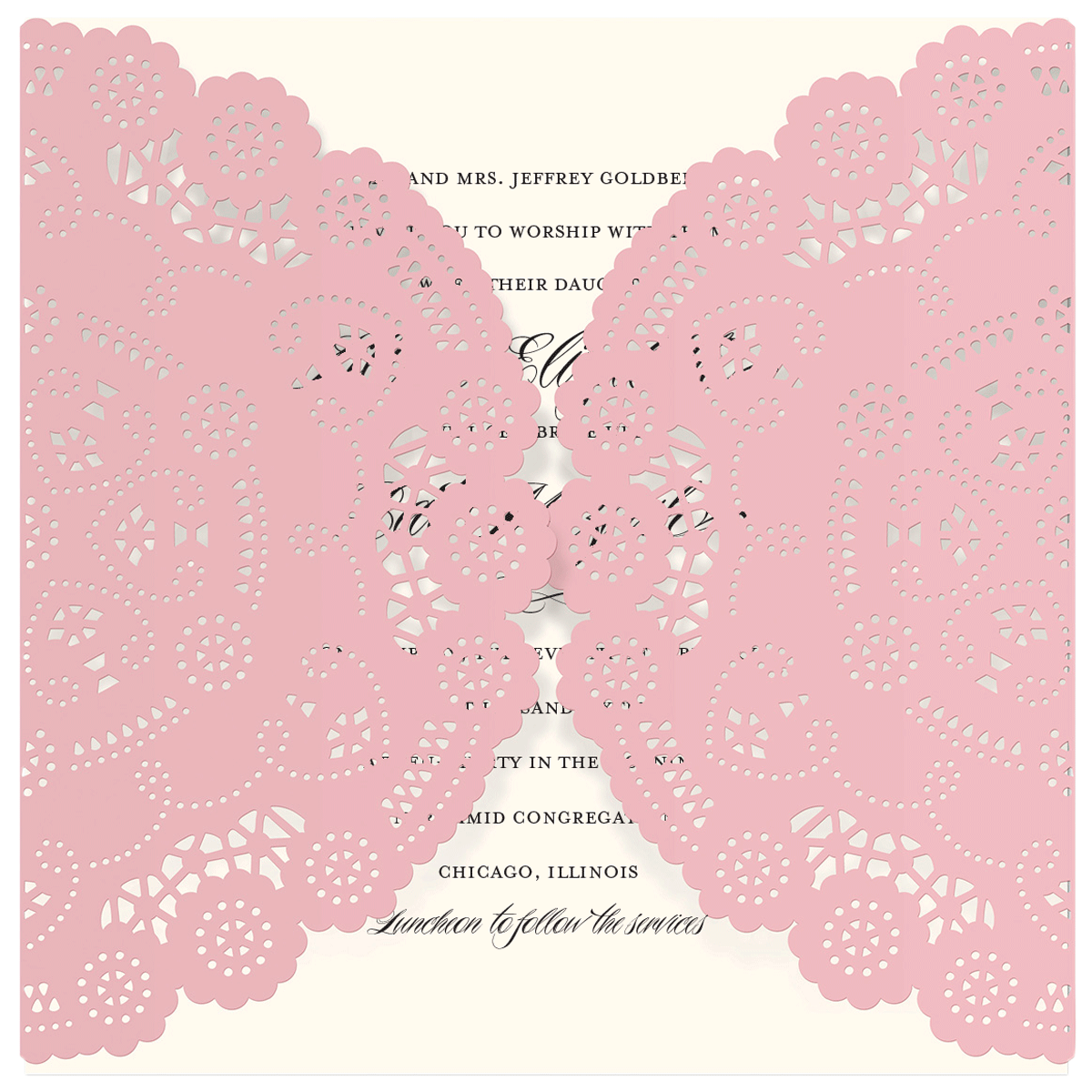 a wedding card with a pink lace design.