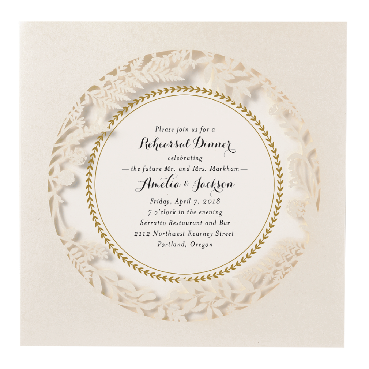 a white and gold wedding card with a circular design.