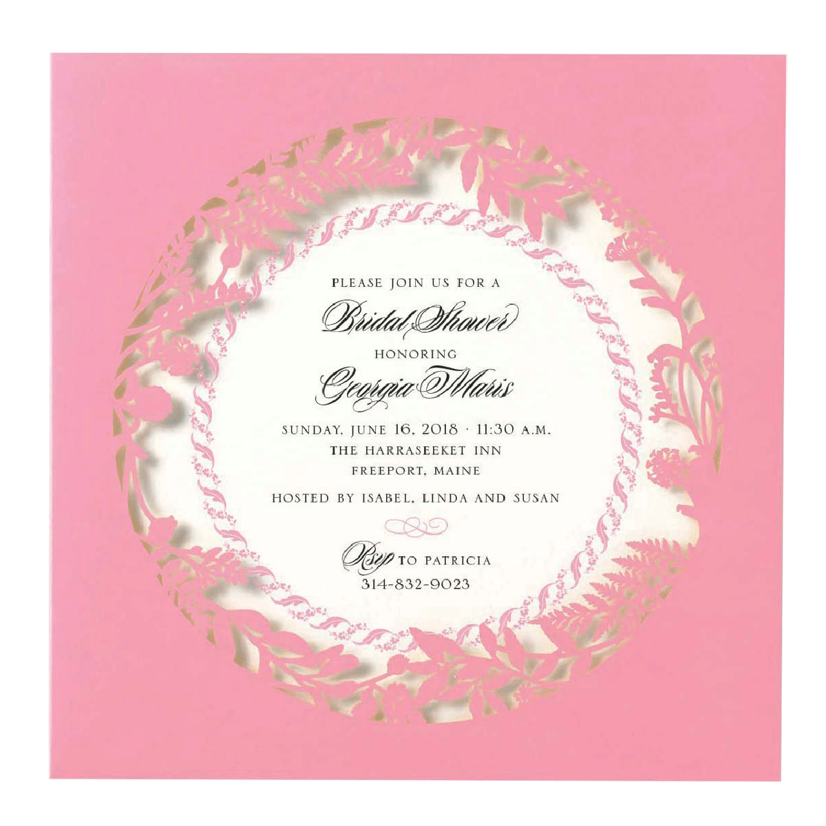 a pink and white wedding card with a circular design.