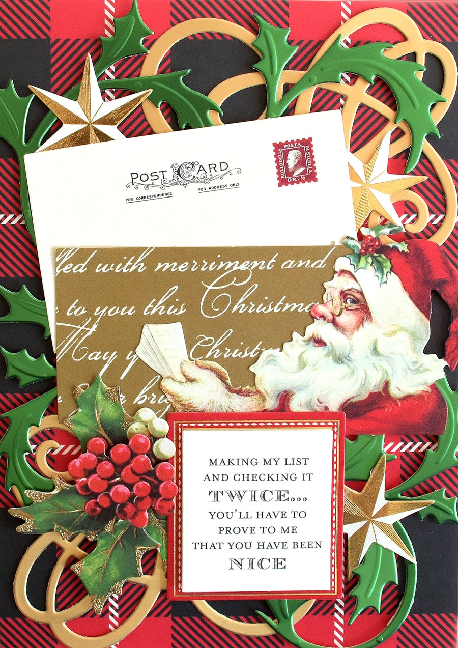 a close up of a christmas card with a santa clause.