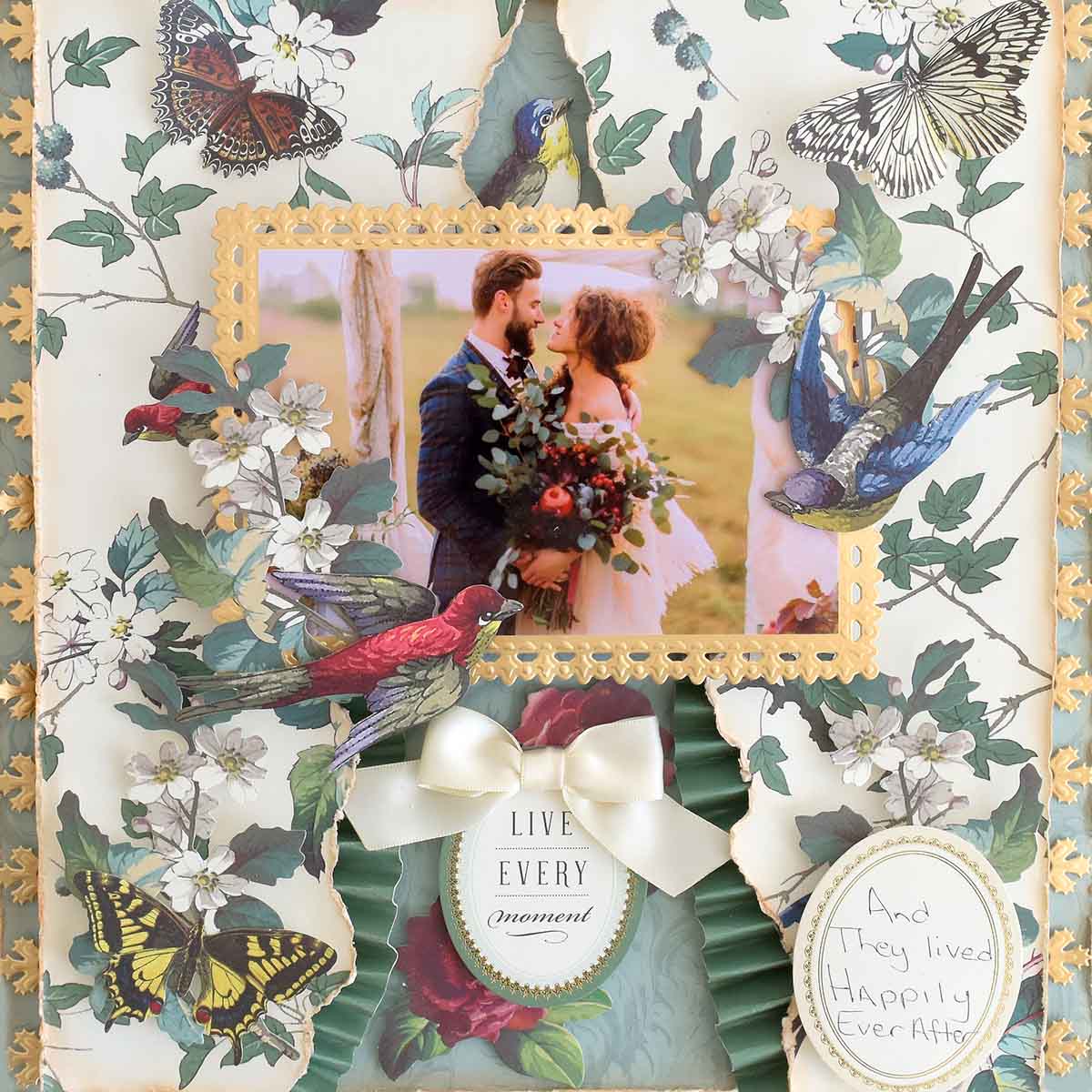a picture of a couple surrounded by flowers and butterflies.