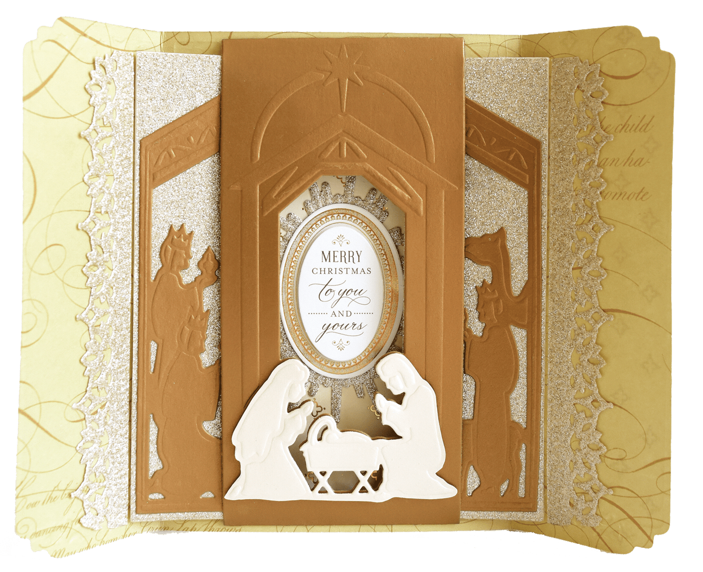 a card with a nativity scene inside of it.