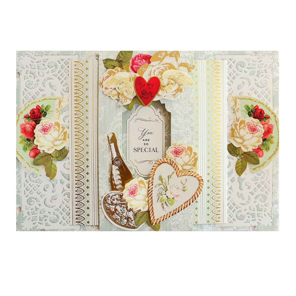 a card with a bottle of wine and flowers.