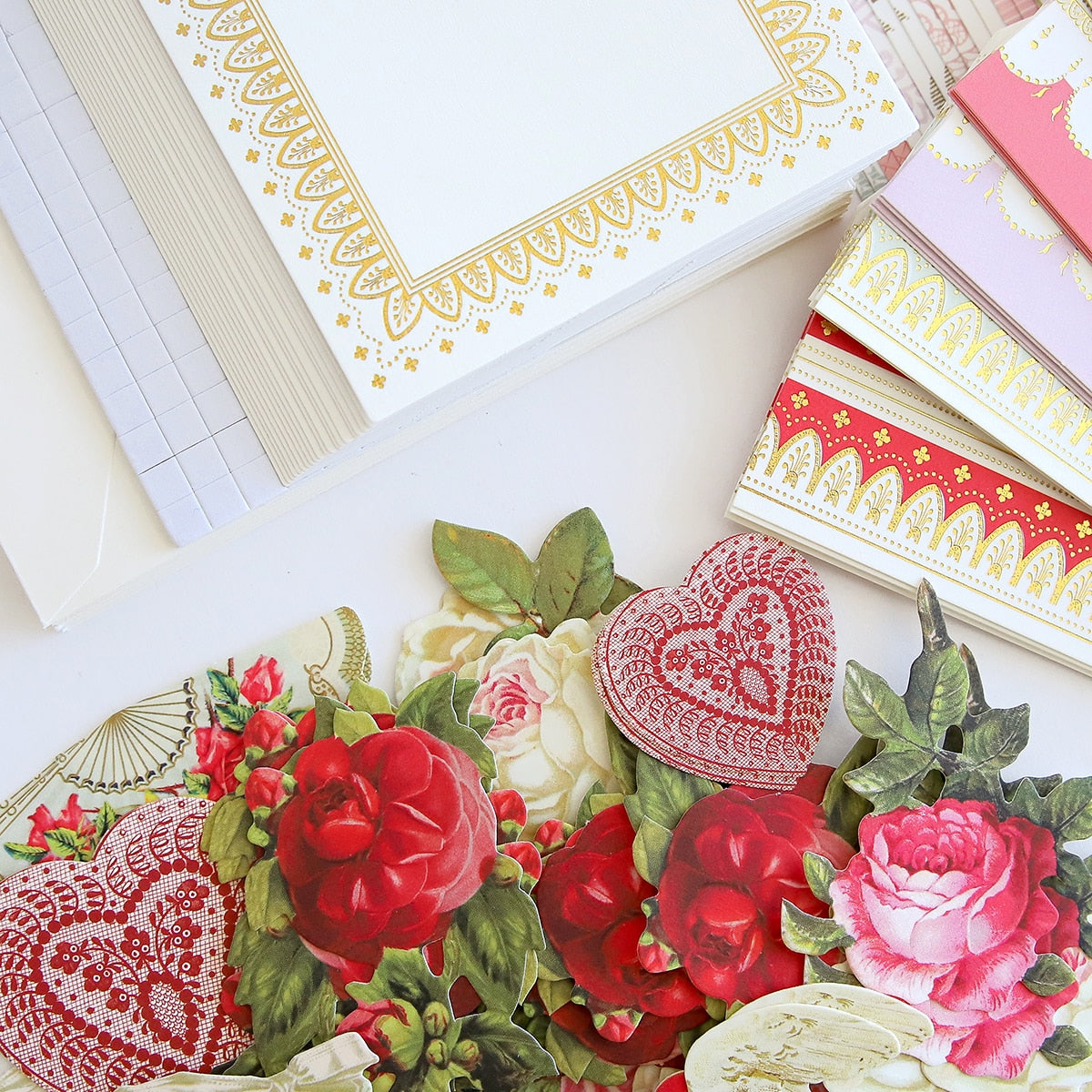 a table topped with lots of different types of cards.