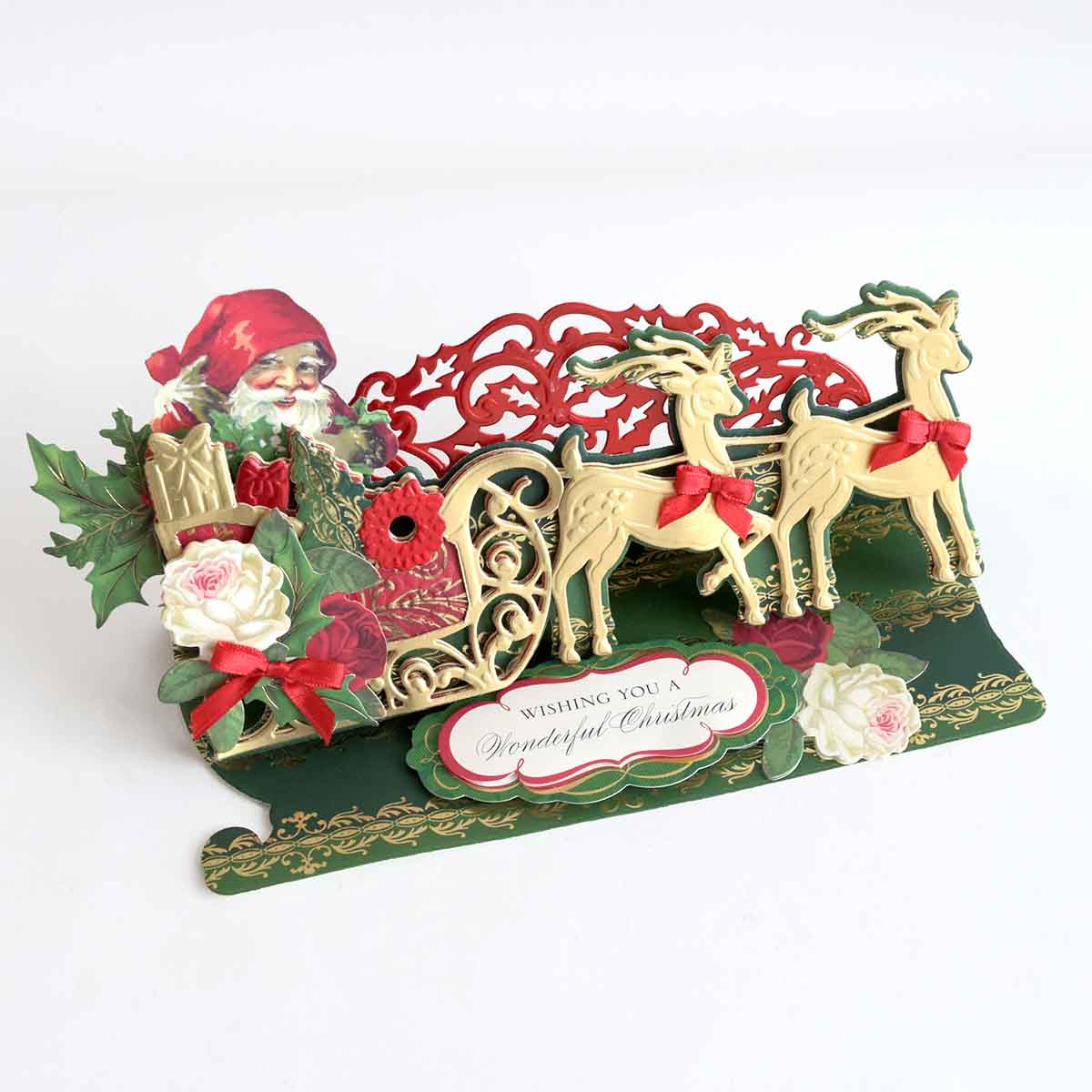 a christmas card with a santa clause and reindeers.