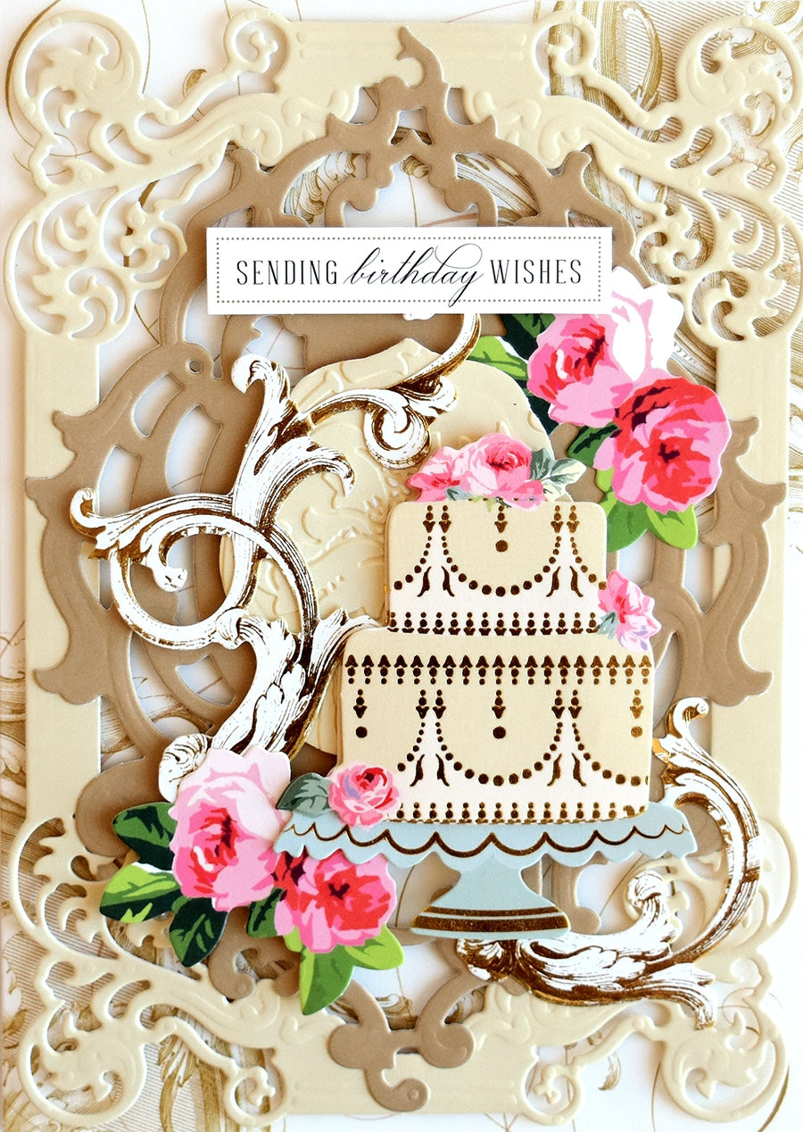 a card with a cake and flowers on it.