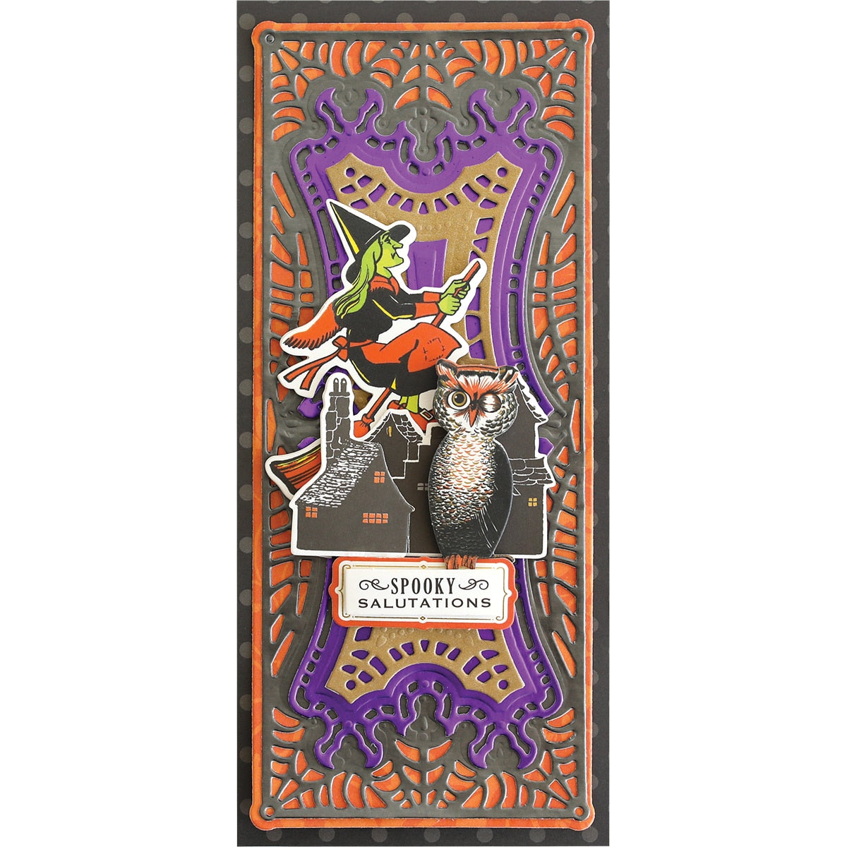 a halloween card with an image of a witch and an owl.