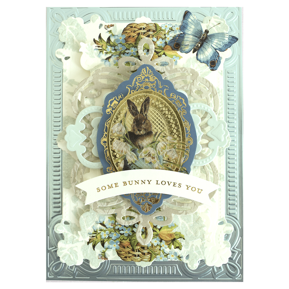 a card with a rabbit and a banner on it.