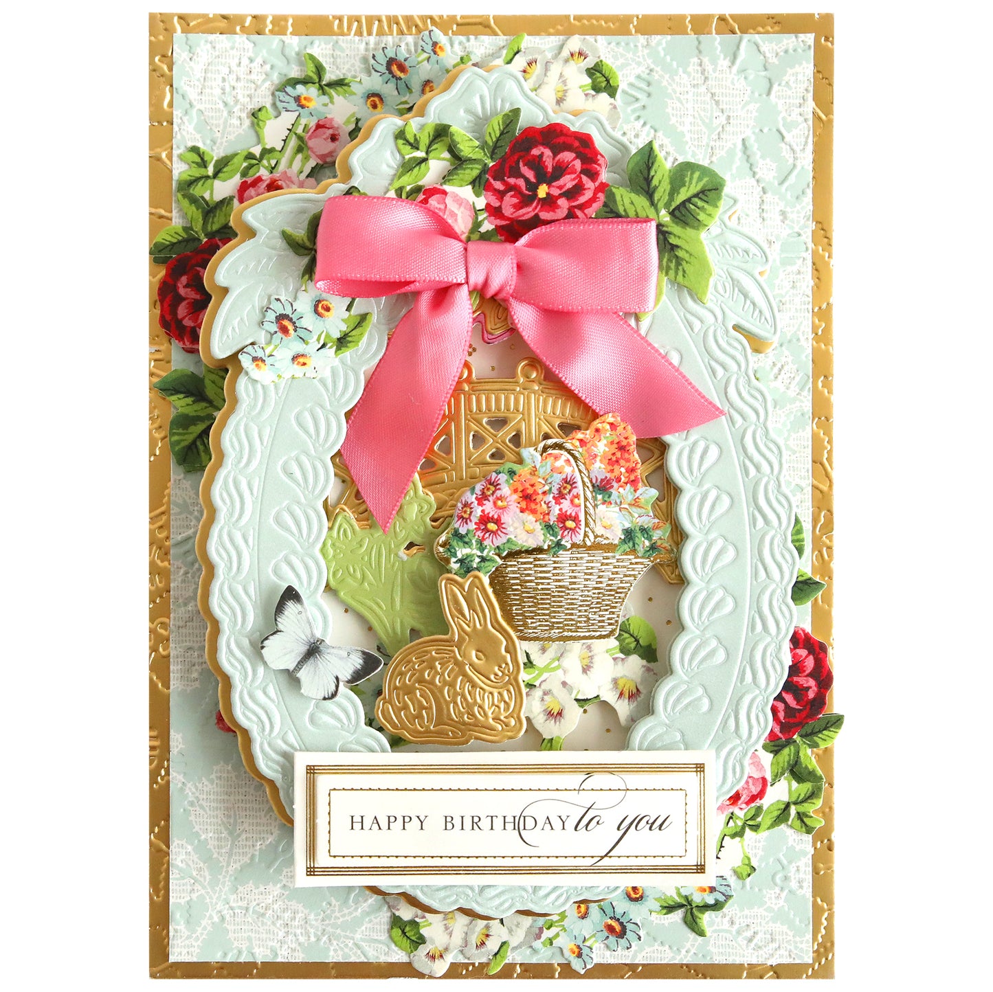 a happy birthday card with flowers and a basket.