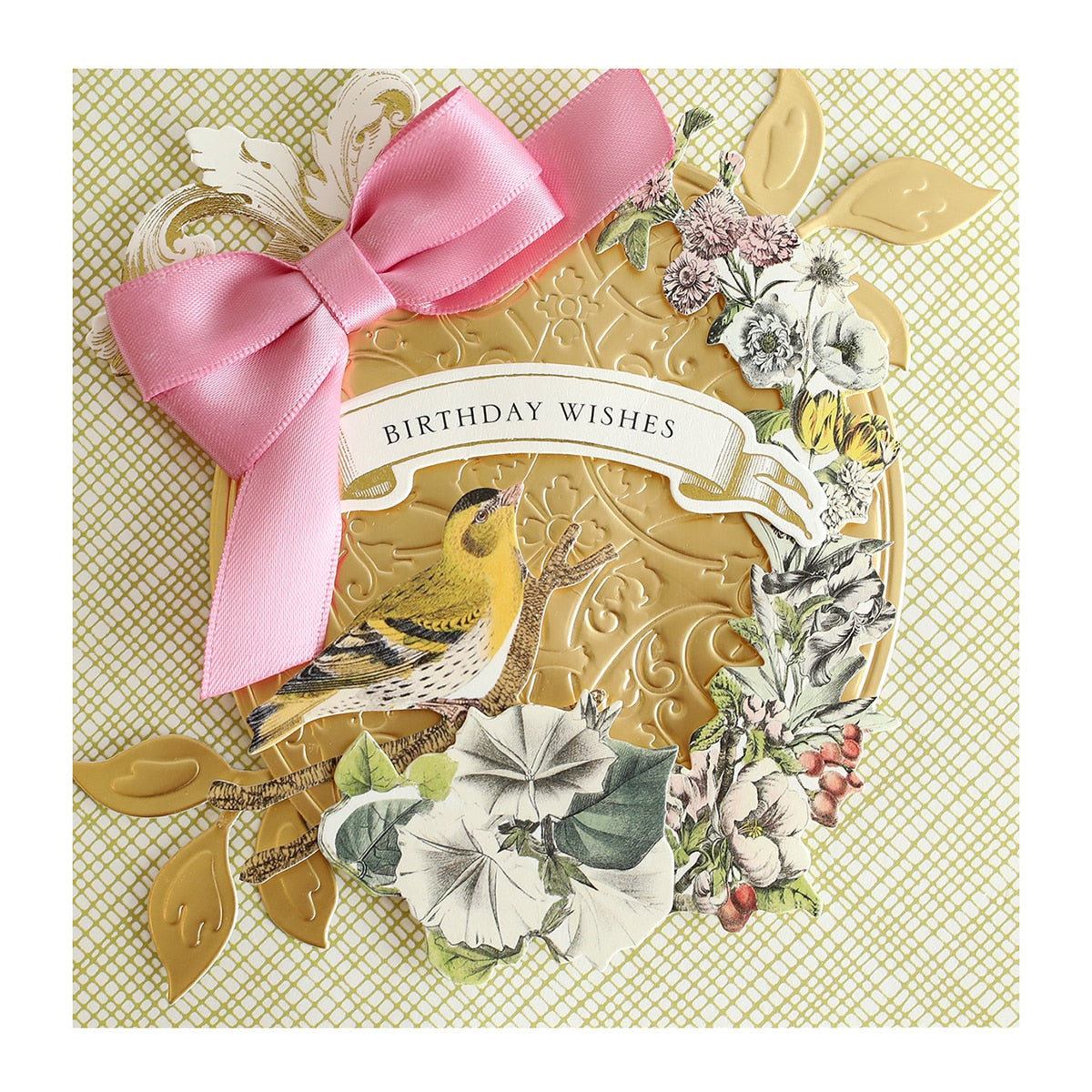 a birthday card with a bird and a pink bow.