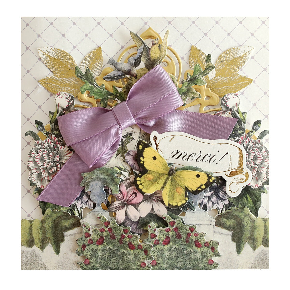 a close up of a greeting card with a purple bow.