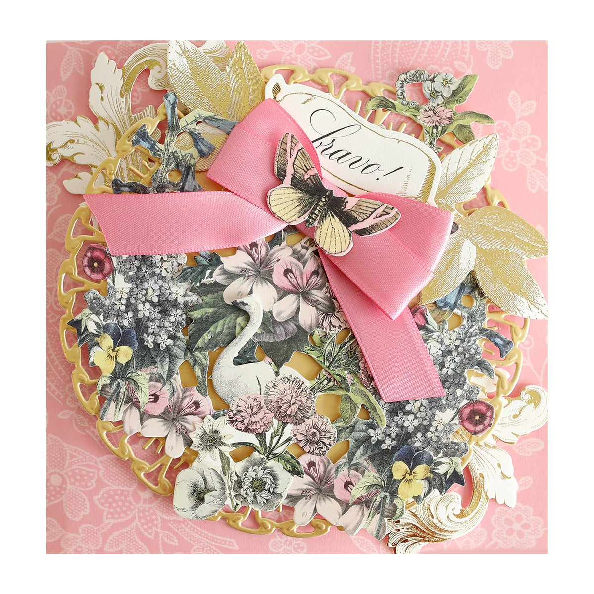 a close up of a greeting card with a pink ribbon.