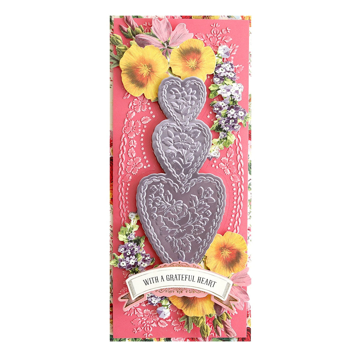 a card with a heart and flowers on it.