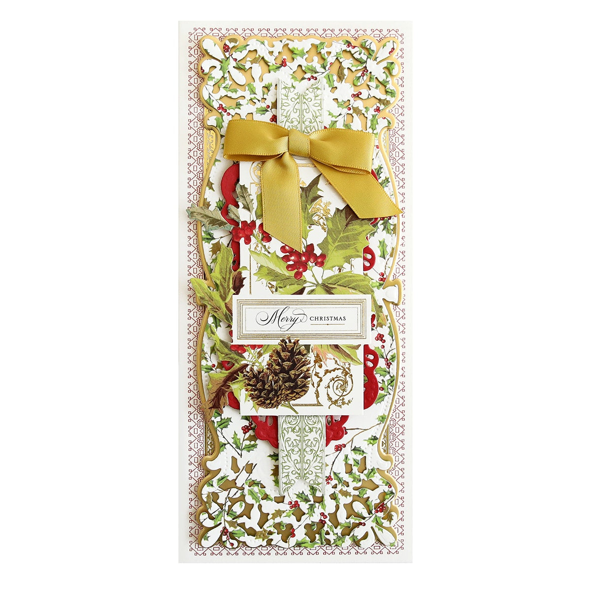 a christmas card with a yellow bow on it.