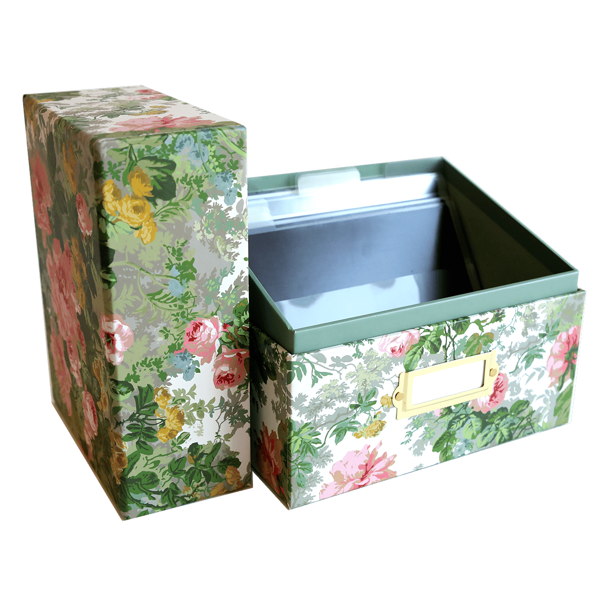 two boxes with floral designs on them.