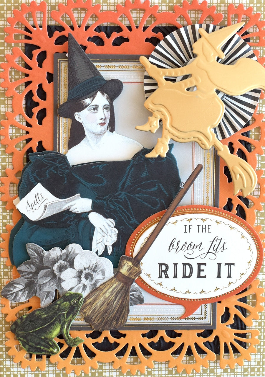 a card with a picture of a woman in a witch costume.