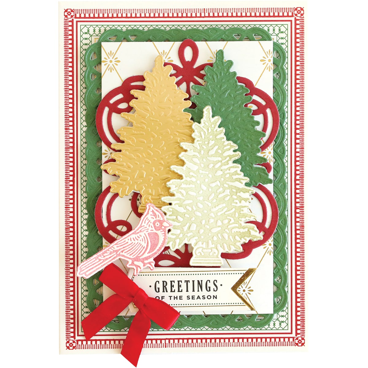 a card with a christmas tree and ribbon.