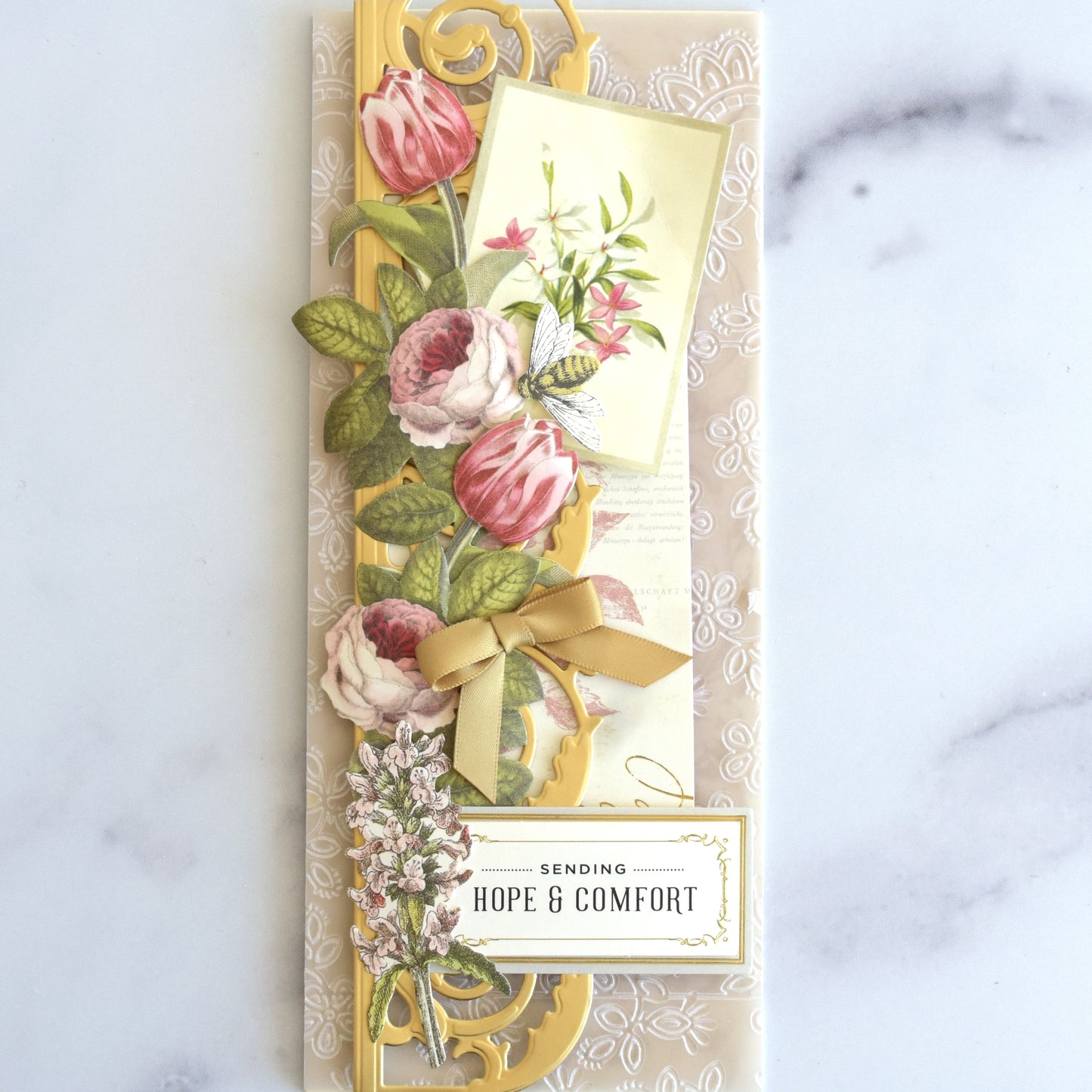 a close up of a card on a table.