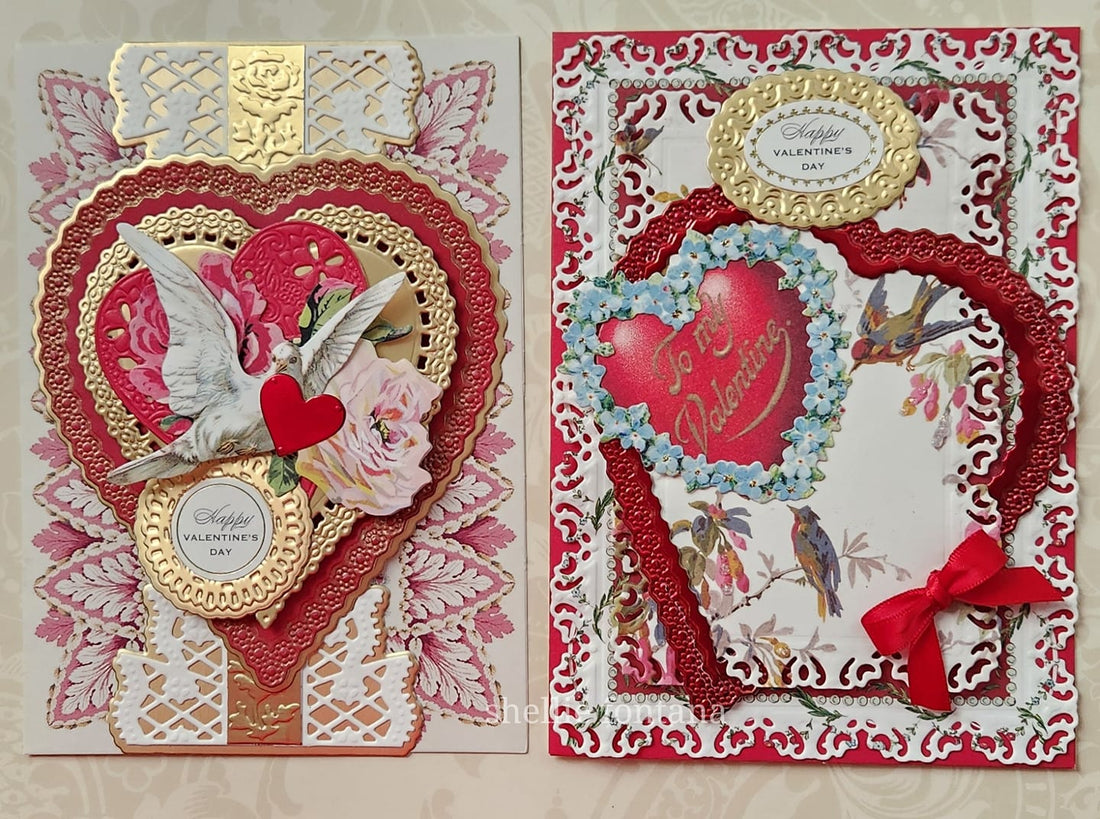 two vintage inspired valentine cards in white, red and gold