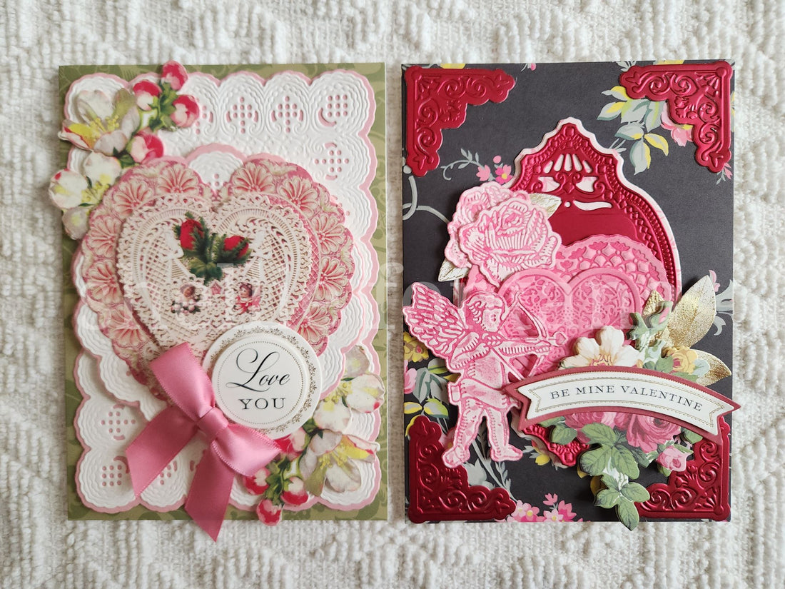 2 opulent valentines with embellishments, stamped images and matte foil