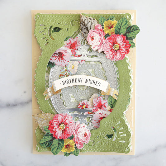 Cream, green and ice blue layered card with colorful flowers