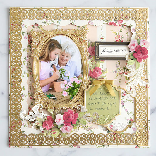 scrapbook page with gold bordered journaling tags and photo of grandmother and child