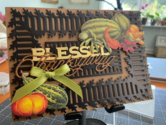 horizontal blessed Thanksgiving card with fall embellishments